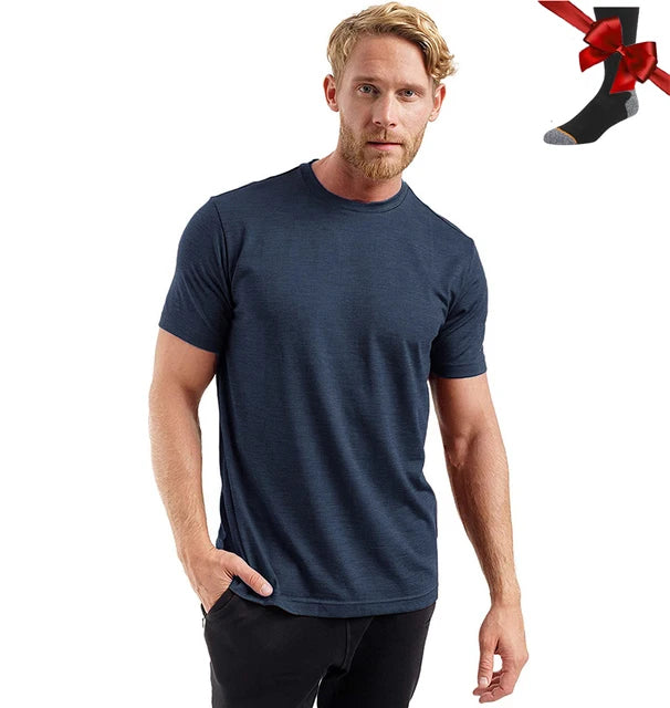 100% Merino Wool T Shirt Men Base Layer Merino Tshirt 180G Everyday Undershirt Wicking Breathable Anti-Odor + Hiking Blend Socks