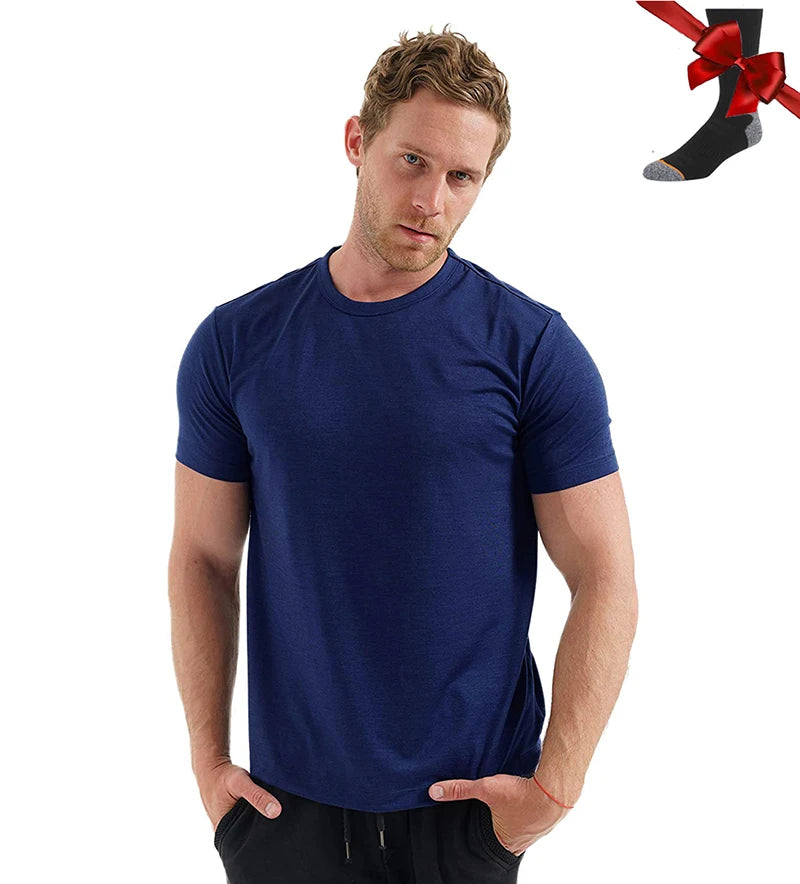 100% Merino Wool T Shirt Men Base Layer Merino Tshirt 180G Everyday Undershirt Wicking Breathable Anti-Odor + Hiking Blend Socks