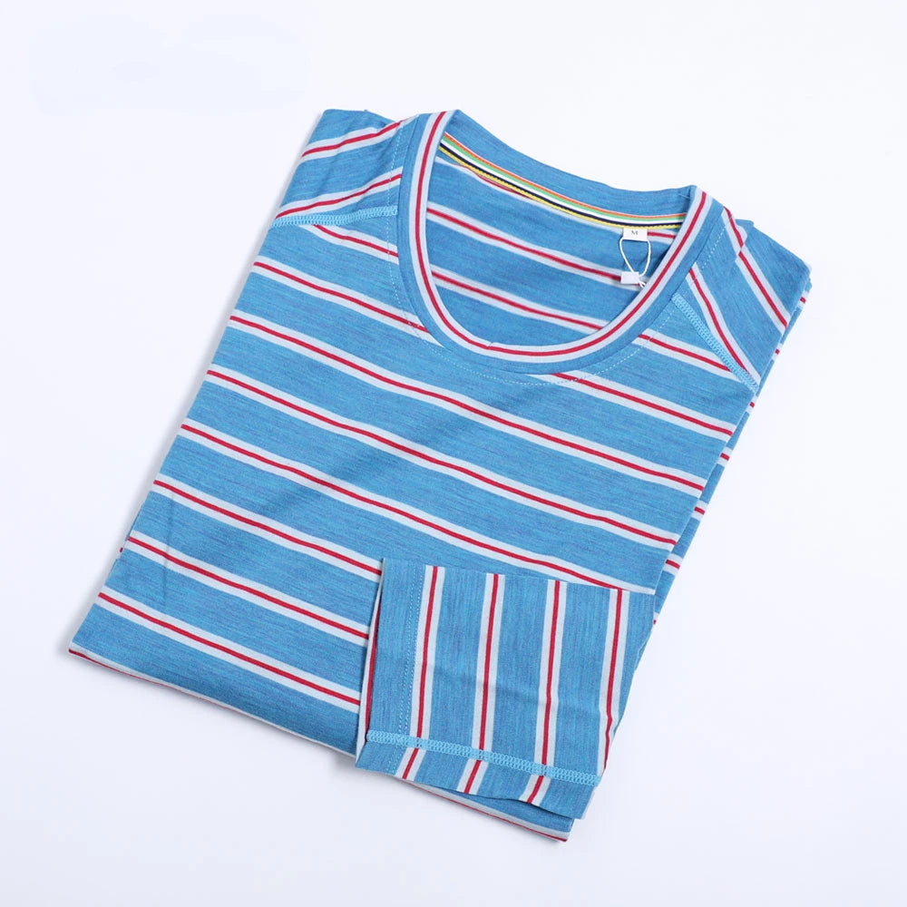 100% Merino Wool Base Layer Shirts Mens Merino O Neck Striped Long Sleeve Thermal Underwear Lightweight Breathable Sports Shirt