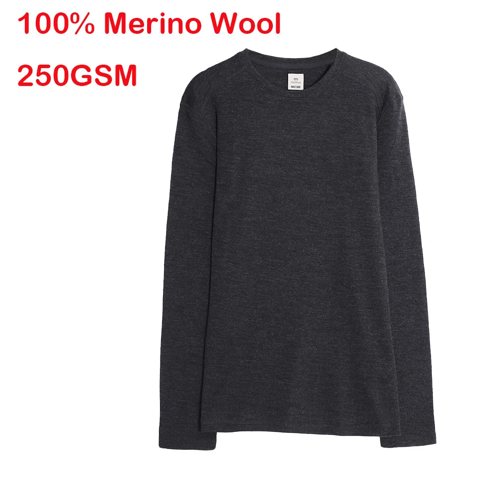 100% Merino Wool Base Layer Men Merino Wool Thermal Underwear Top Mens Crew Shirts Long Sleeve Shirt Everyday Baselayer 250G
