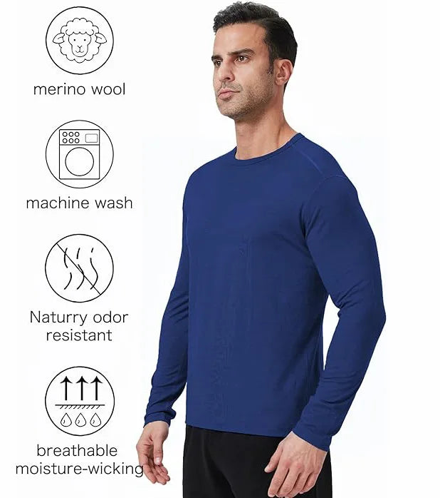 100% Merino Wool Base Layer Top Mens Merino Wool Shirts Thermal Underwear Long Sleeve T-Shirt for Hiking Hunting Breathable 150G