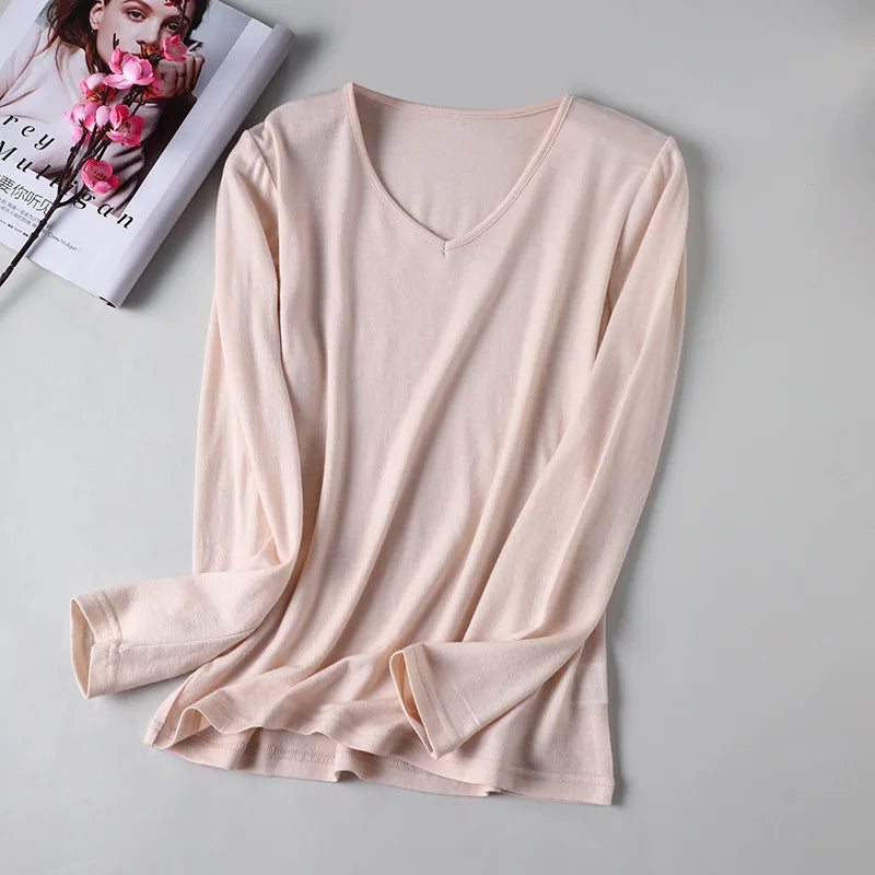 100% Superfine Merino Wool Base Layer Women Merino Wool Long Sleeve V Neck Shirt Thermal Underwear Wicking Breathable No-itch