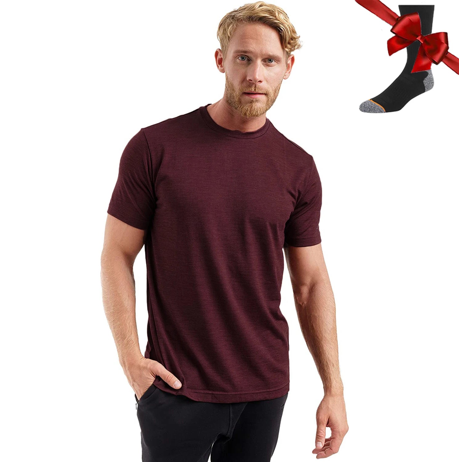 100% Merino Wool T Shirt Men Base Layer Merino Tshirt 180G Everyday Undershirt Wicking Breathable Anti-Odor + Hiking Blend Socks