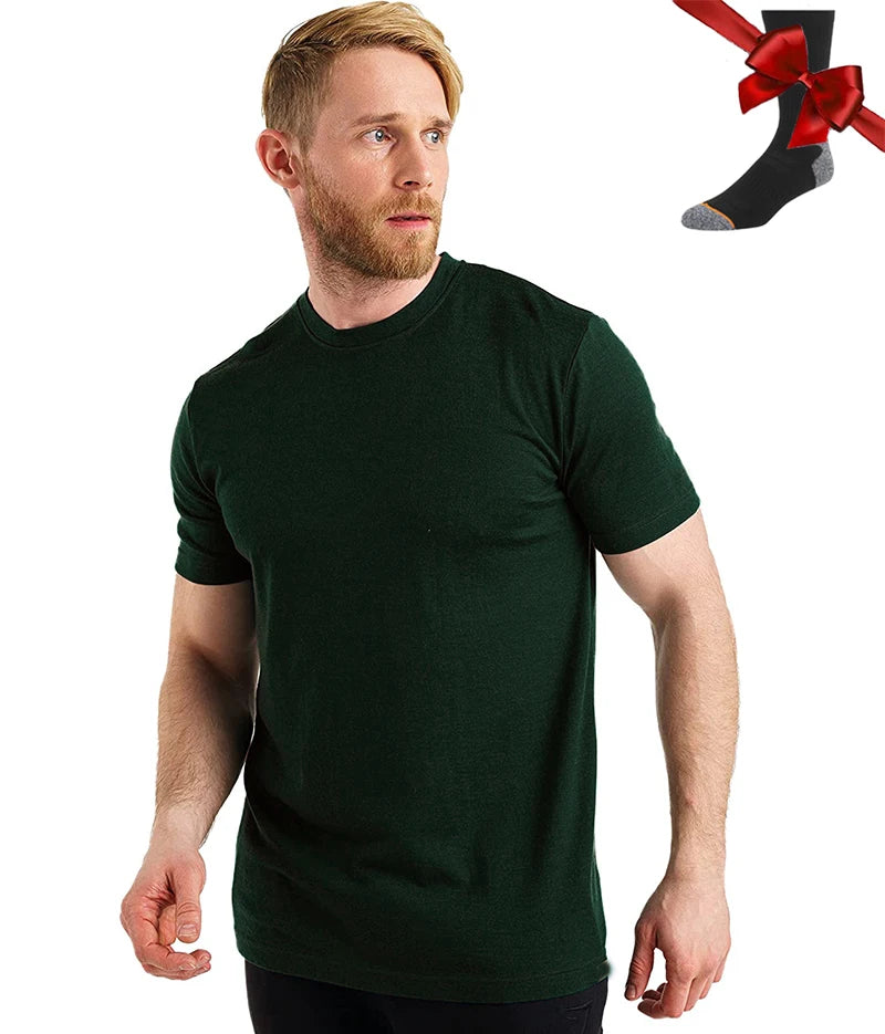 100% Merino Wool T Shirt Men Base Layer Merino Tshirt 180G Everyday Undershirt Wicking Breathable Anti-Odor + Hiking Blend Socks