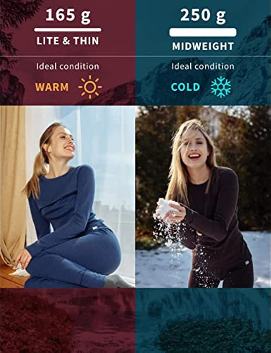 100% Merino Wool Base Layer Womens Set 180G Lightweight Merino Wool Thermal Underwear Women Top and Bottoms Long John Anti-Odor