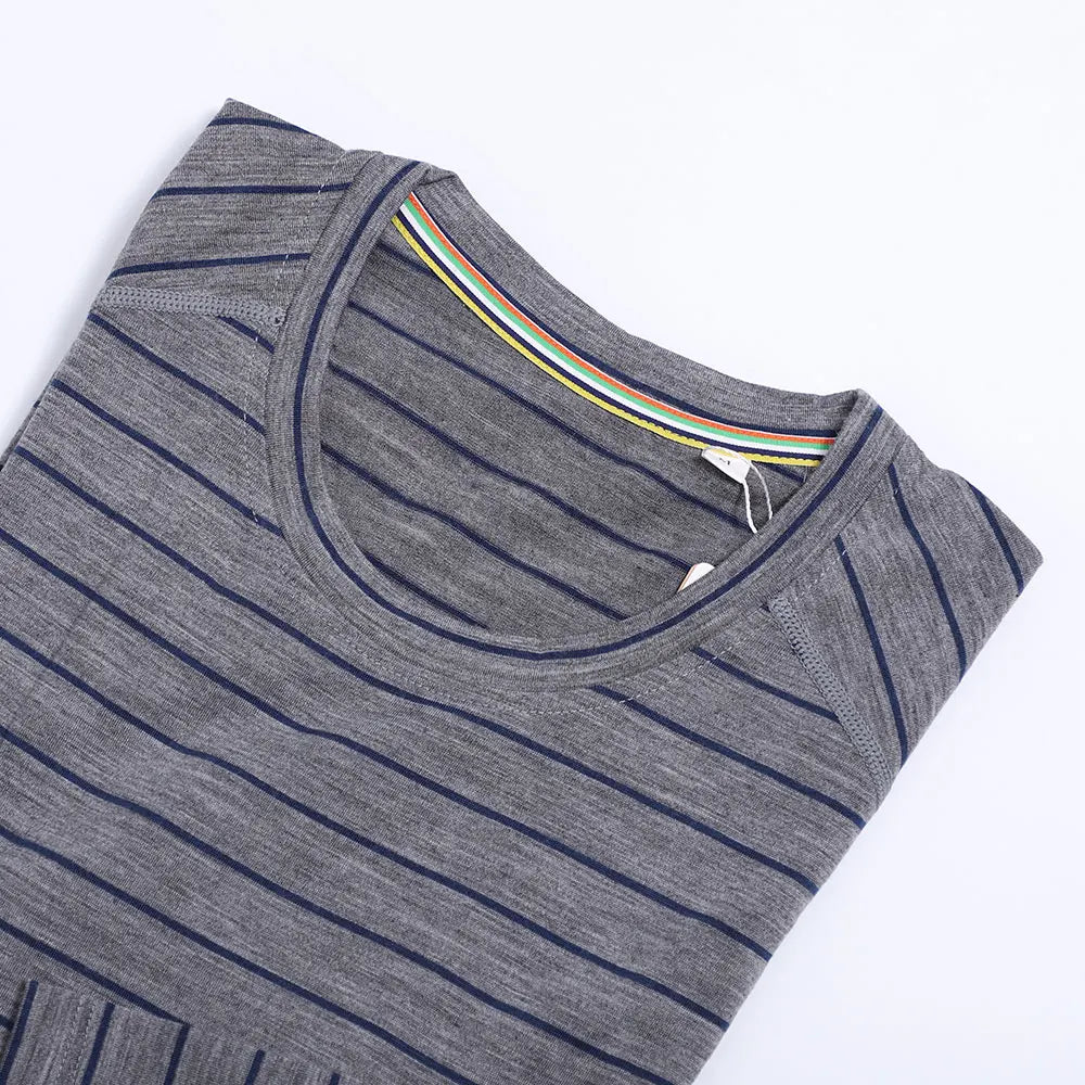 100% Merino Wool Base Layer Shirts Mens Merino O Neck Striped Long Sleeve Thermal Underwear Lightweight Breathable Sports Shirt