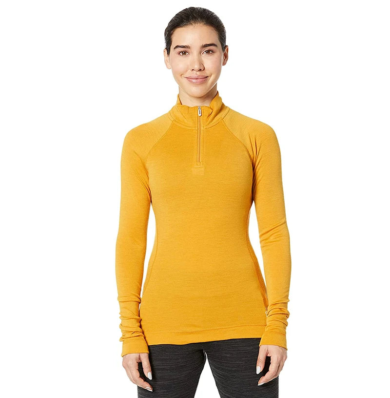 100% Merino Wool Base Layer Top Women Merino 160G Wool Active 1/4 Zip Long Sleeve Thermal Shirt Lightweight Breathable Quick Dry