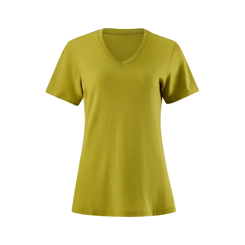 Women's 100% Merino Wool V Neck T Shirt 16.5 Micro Merino Wool Base Layer Short Sleeve Shirts Soft Anti-Odor Breathable