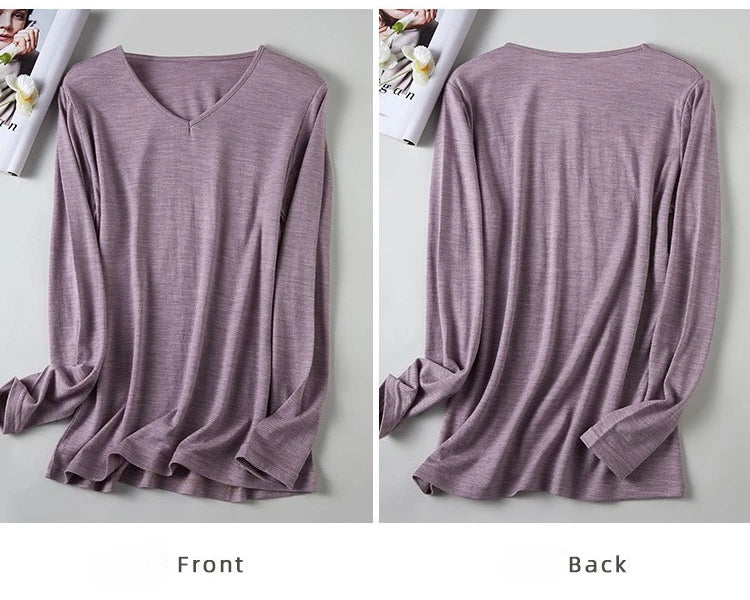 100% Superfine Merino Wool Base Layer Women Merino Wool Long Sleeve V Neck Shirt Thermal Underwear Wicking Breathable No-itch