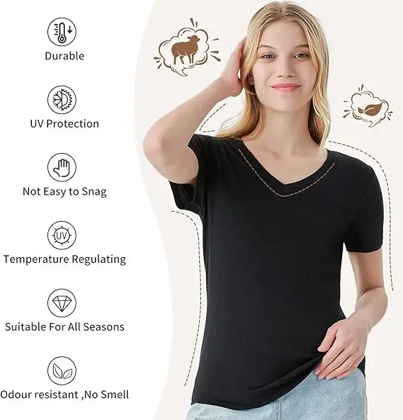 100% Merino Wool V Neck T-Shirt Women Short Sleeve Base Layers Tee Shirt for Travel Hiking Sports No Itch Breathable 16.5 Micro