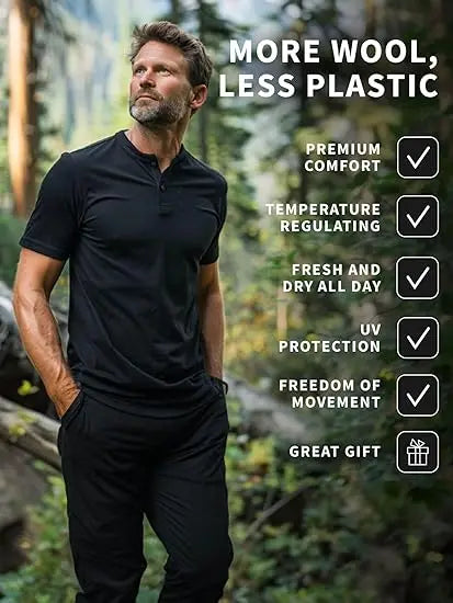 100% Merino Wool Short Sleeve Henley Shirt Mens Merino Wool T Shirts Moisture Wicking Odor Resistant Everyday Tee Top Running