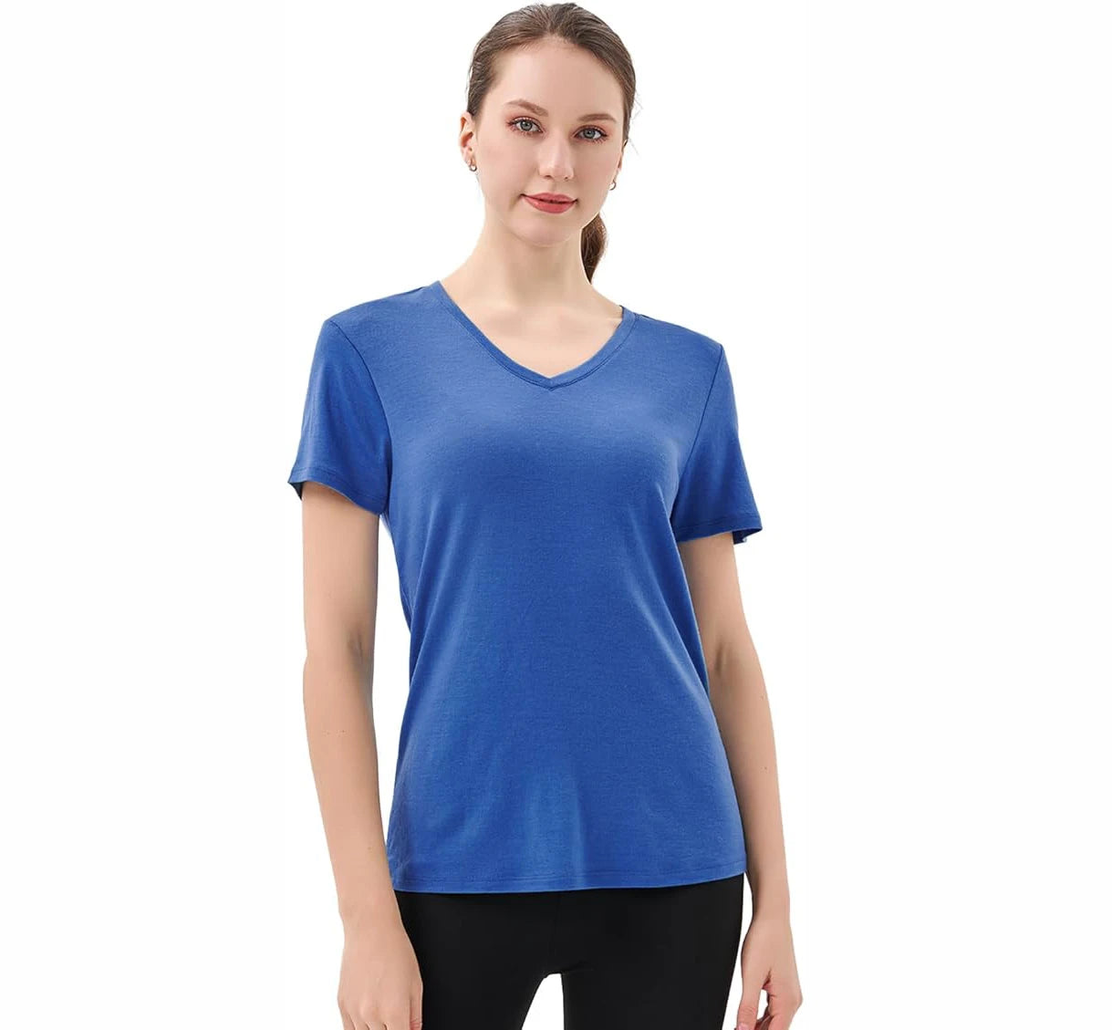 100% Merino Wool V Neck T-Shirt Women Short Sleeve Base Layers Tee Shirt for Travel Hiking Sports No Itch Breathable 16.5 Micro