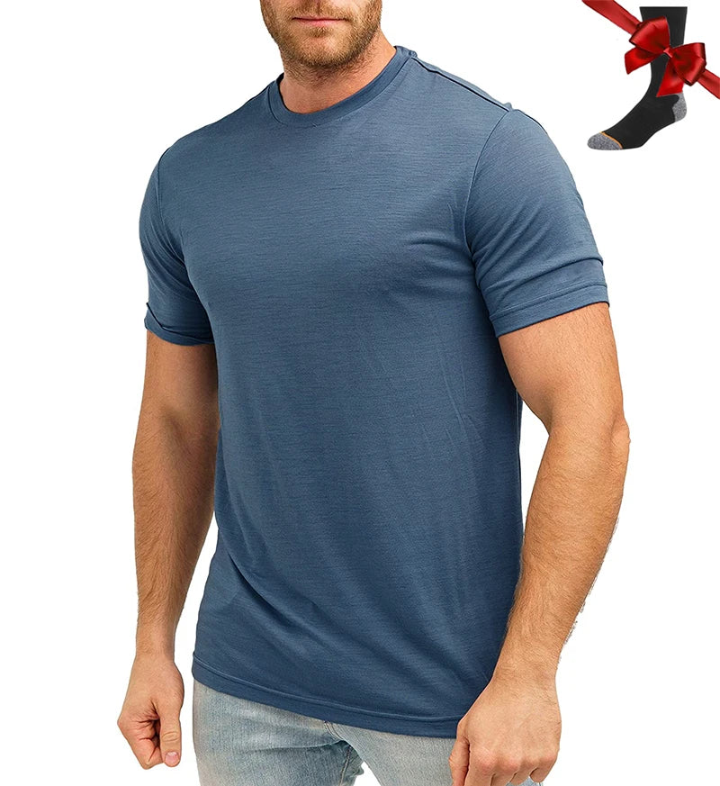 100% Merino Wool T Shirt Men Base Layer Merino Tshirt 180G Everyday Undershirt Wicking Breathable Anti-Odor + Hiking Blend Socks