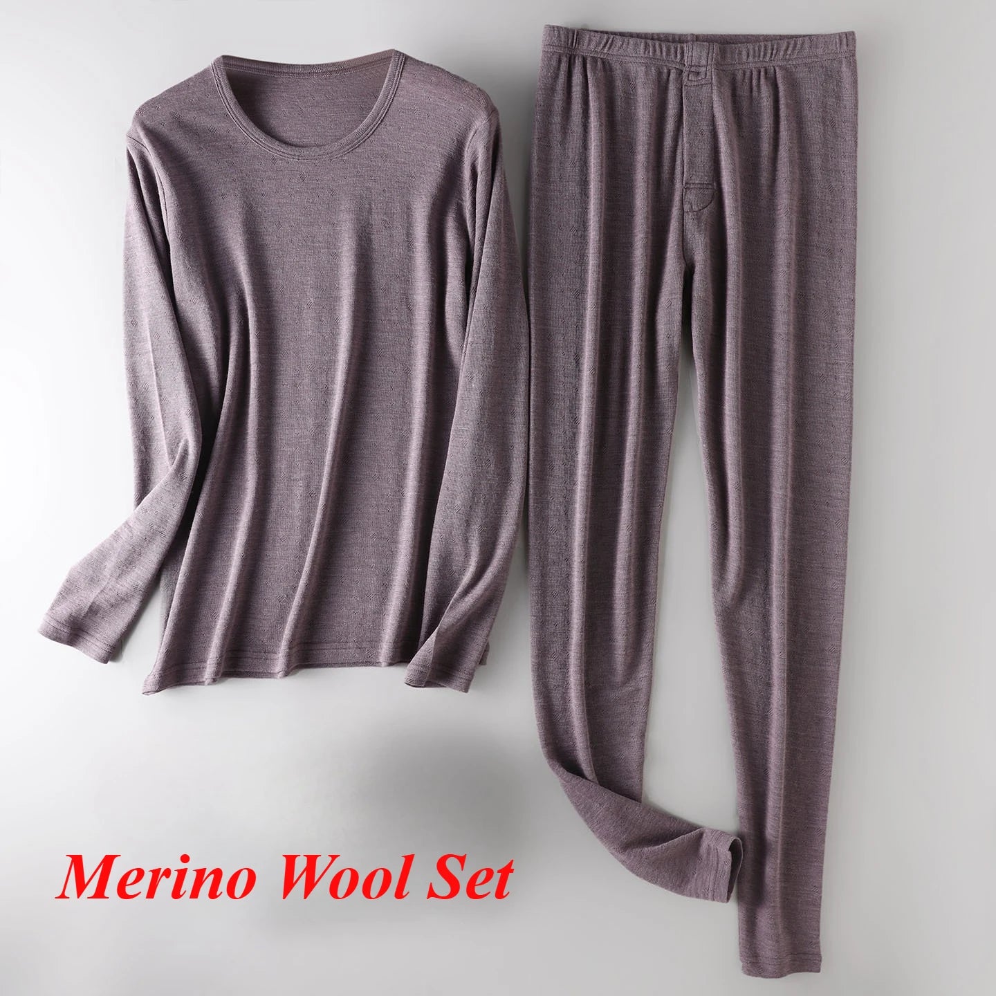 Men's 100% Merino Wool Base Layer Set Lightweight Thermal Underwear Long John Top and Bottom Comfortable Openwork Jacquard