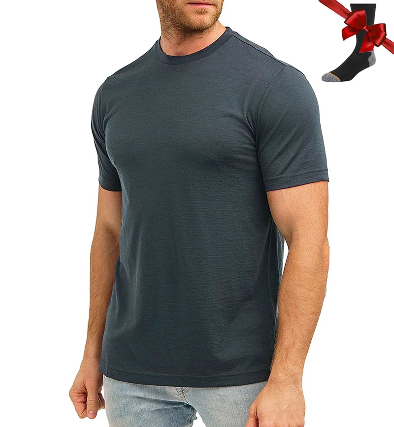 100% Merino Wool T Shirt Men Base Layer Merino Tshirt 180G Everyday Undershirt Wicking Breathable Anti-Odor + Hiking Blend Socks