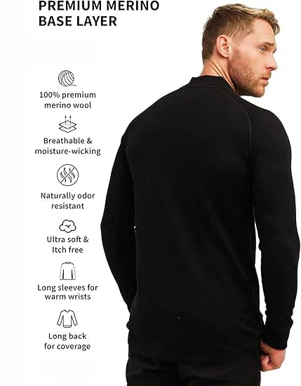 100% Merino Wool Base Layer Mens Merino Wool Half Zip Sweater Men Merino Thermal Underwear Long Sleeve Shirt Breathable Wicking