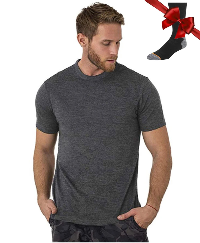 100% Merino Wool T Shirt Men Base Layer Merino Tshirt 180G Everyday Undershirt Wicking Breathable Anti-Odor + Hiking Blend Socks