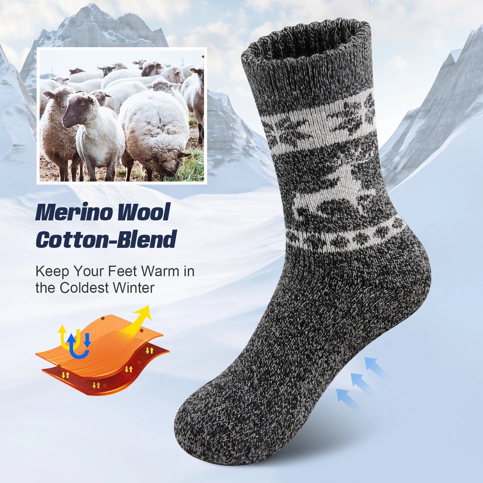 Mens Merino Wool Socks Hiking Trekking Moisture Wicking Outdoor Thick Warm Skiing Heavy Cushion Socks Cycling Socks Against Cold