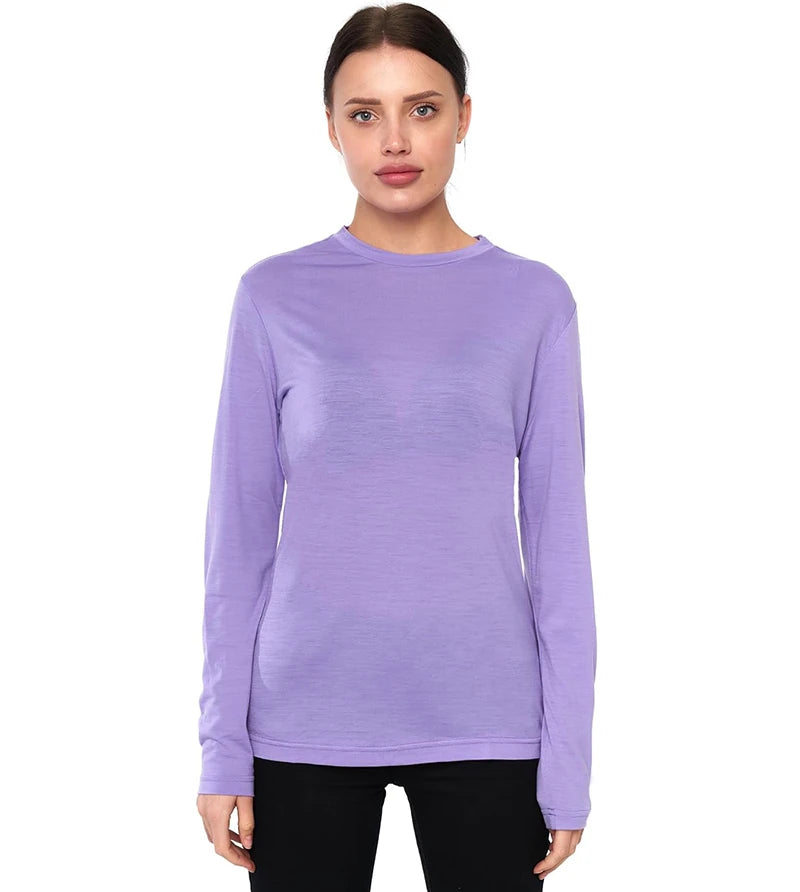 100% Merino Wool Base Layer Women Merino Wool Thermal Underwear Lightweight Long Sleeve Shirt Hiking Wicking Anti-Odor 170G