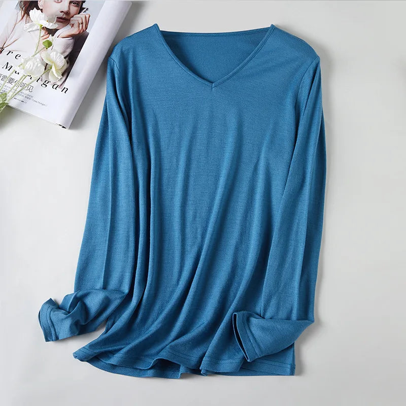 100% Superfine Merino Wool Base Layer Women Merino Wool Long Sleeve V Neck Shirt Thermal Underwear Wicking Breathable No-itch