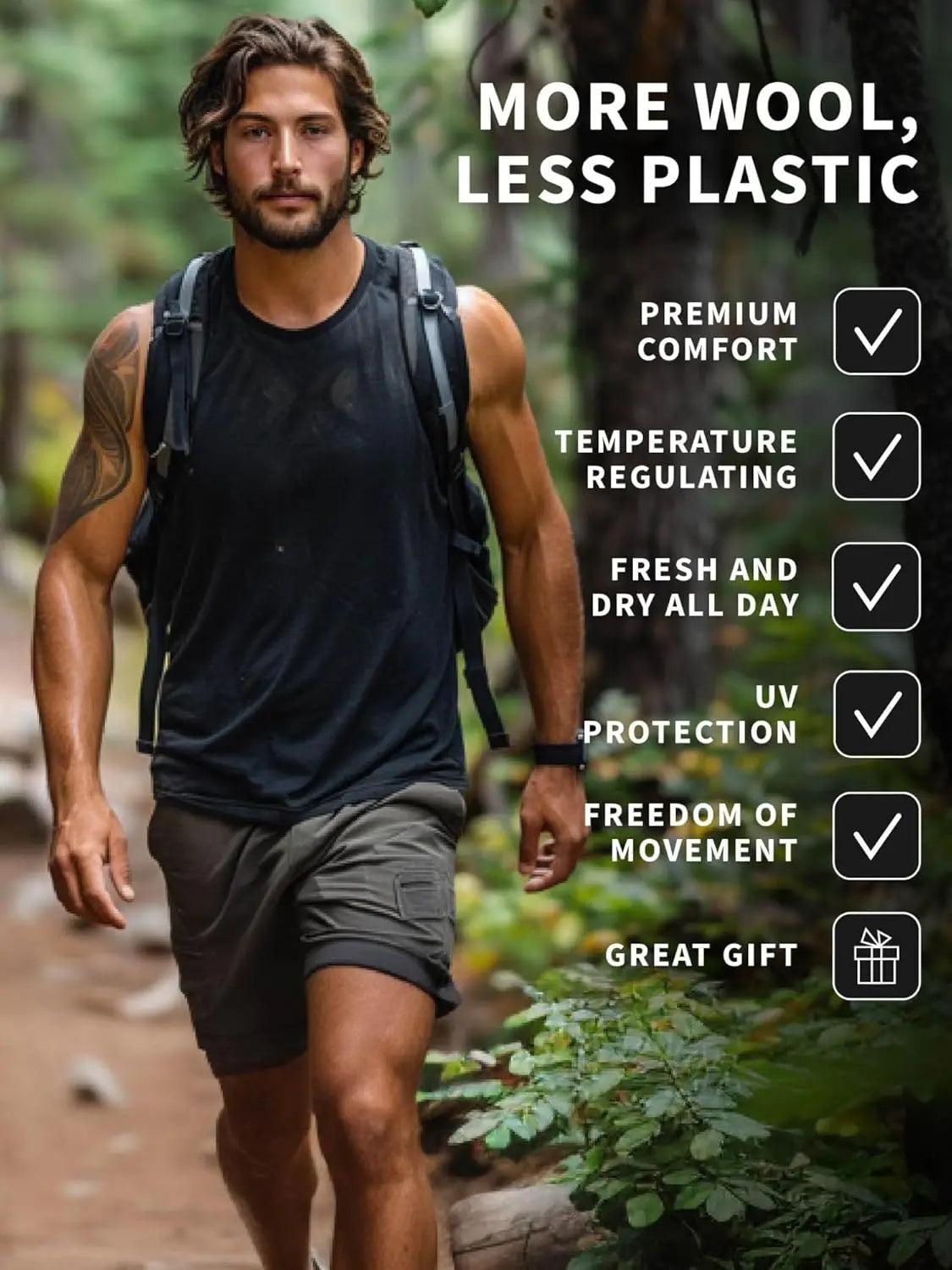 Merino Wool Tank Top Men Active Merino Wool Undershirt Moisture Wicking Breathable Anti-Odor Lightweight Base Layer Tops