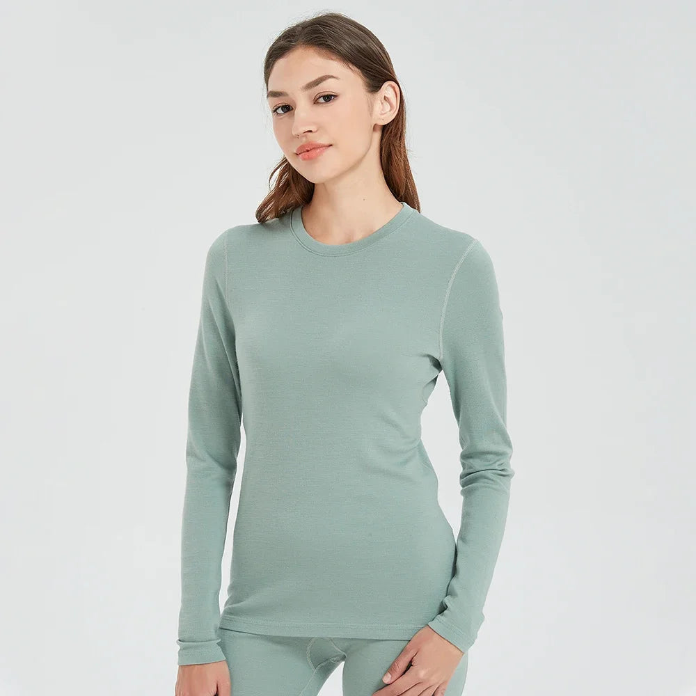 100% Merino Wool Base Layer Tops Women 300G Heavyweight Merino Wool Long Sleeve Thermal Underwear Shirt Ski Hiking Winter Warm