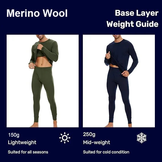 100% Merino Wool Base Layer Set for Men Lightweight Merino Wool Thermal Underwear Sets Long Sleeve Top Bottom Breathable 150G