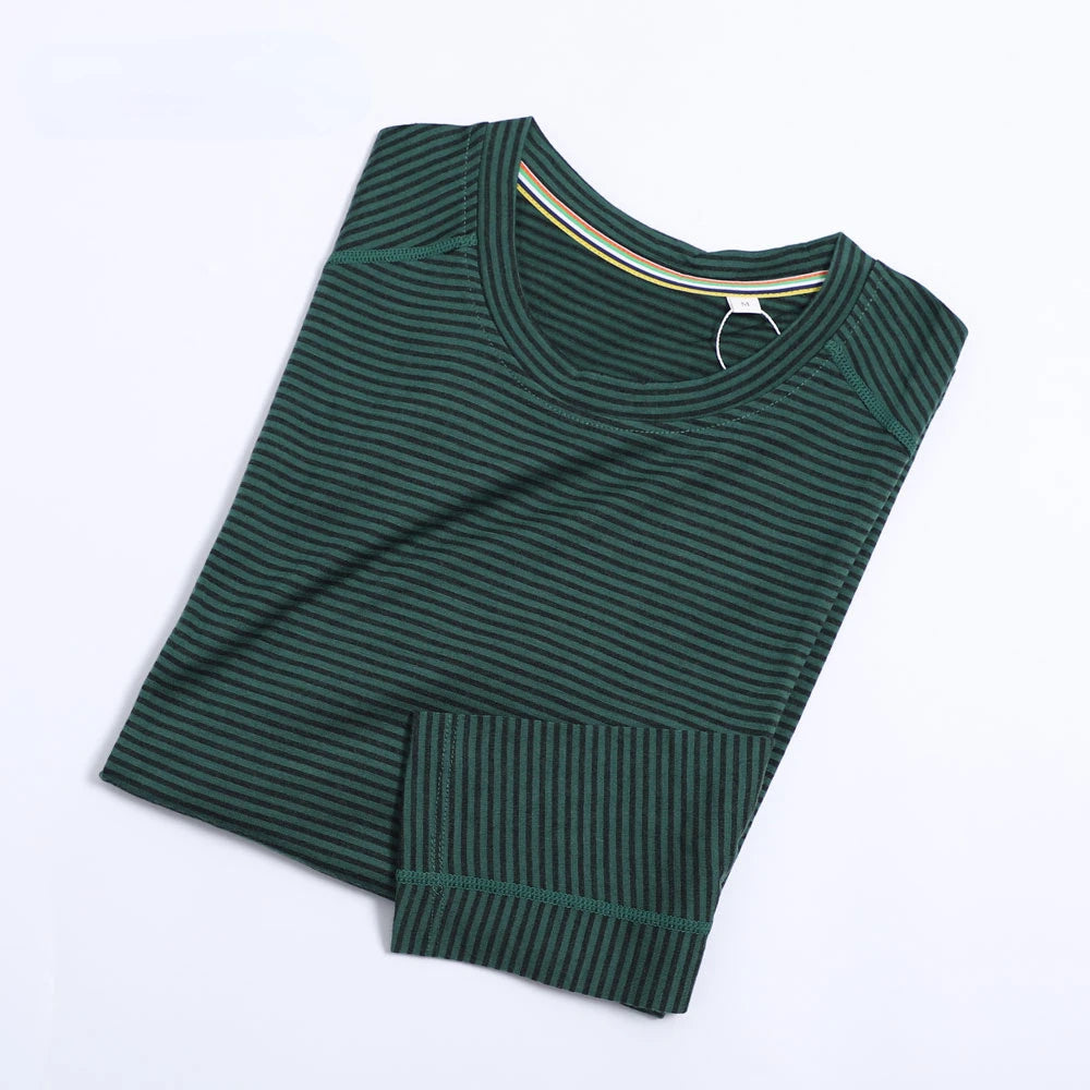 100% Merino Wool Base Layer Shirts Mens Merino O Neck Striped Long Sleeve Thermal Underwear Lightweight Breathable Sports Shirt