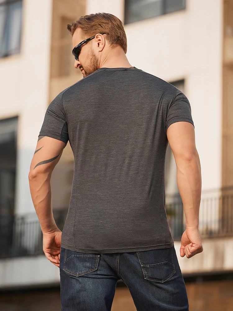 100% Merino Wool Henley T-Shirts Men Merino Short Sleeve Shirts Sports Running Everyday Tee Top Wicking Breathable Anti-Odor