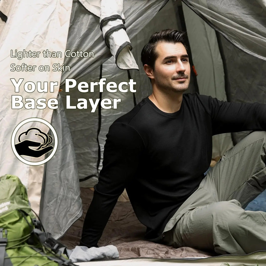 100% Merino Wool Base Layer Mens Soft Long Sleeve Shirts Men Merino Wool Thermal Underwear Odor Resistance for Hiking Hunting