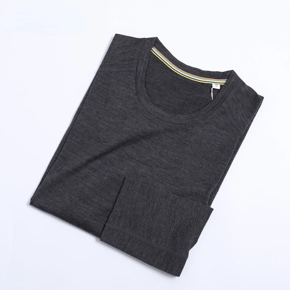 100% Merino Wool Base Layer Shirts Mens Merino O Neck Striped Long Sleeve Thermal Underwear Lightweight Breathable Sports Shirt