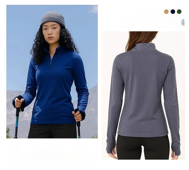 Women 100% Merino Wool Base Layer Top Long Sleeve Shirts 230G Midweight Merino Wool Half-Zip Crew Neck Sweatshirt for Ski Hiking