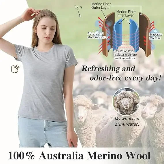 100% Merino Wool T Shirts for Women 180G Crew Neck Short Sleeve Top Base Layer Breathable Quick Dry Travel Hiking Running Tee