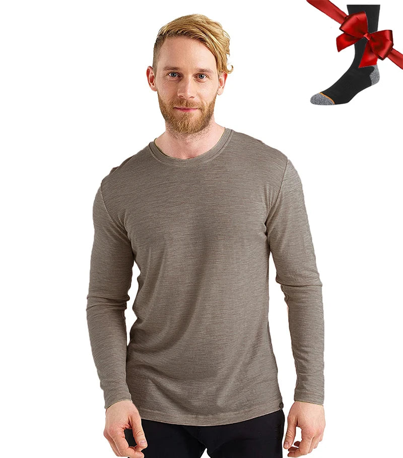100% Merino Wool Base Layer Men Merino Wool Long Sleeve 240G Midweight Thermal Underwear Wicking Breathable Top + Hiking Socks