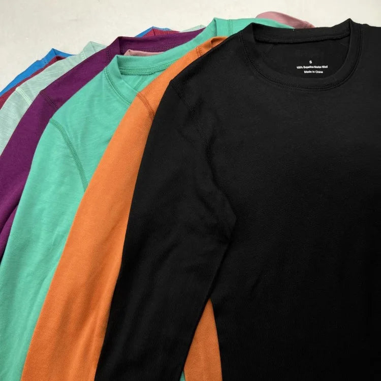 Women's 100% Merino Wool Crew Neck T Shirt Merino Wool Long Sleeve Shirts Base Layer Top Sports Clothing Quick Dry Thermal 200G