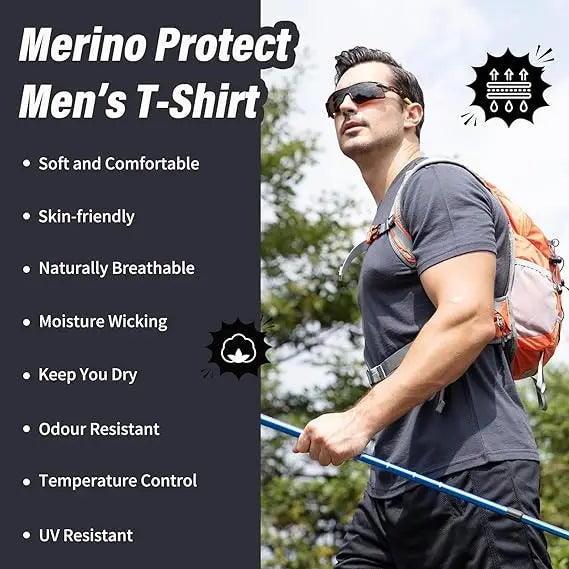 100% Merino Wool T Shirt for Men Short Sleeve Tee 170GSM Men Wool Base Layer Quick Dry Anti-Odor for Travel Hiking USA Size