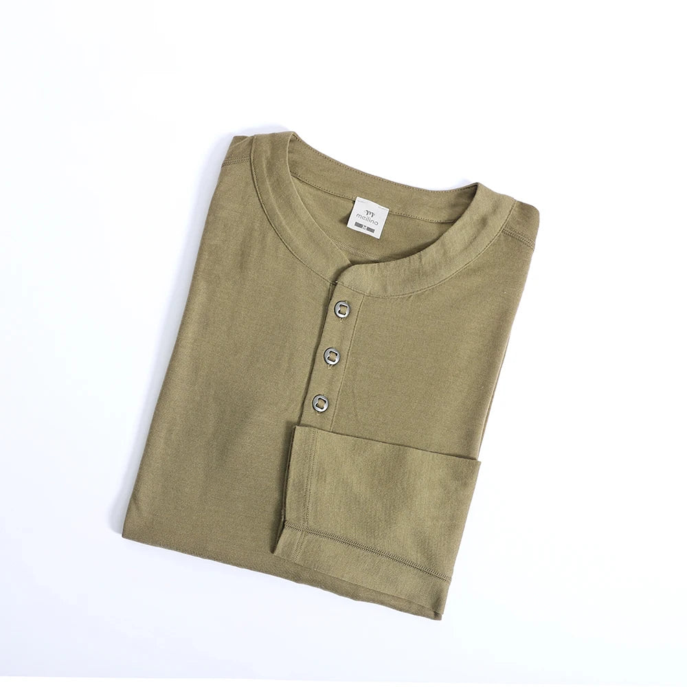 100% Merino Wool Base Layer Mens Merino Wool Henry Collar Shirts Thermal Underwear Long Sleeve T-Shirt for Hiking Hunting