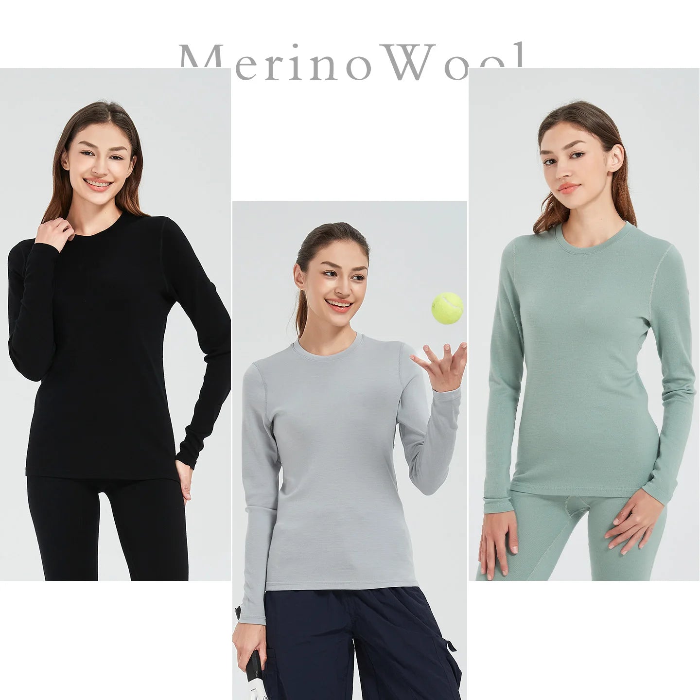 100% Merino Wool Womens 250G Midweight Merino Wool Base Layer Long Sleeve Crew Nack Thermal Underwear Tops Winter Warm