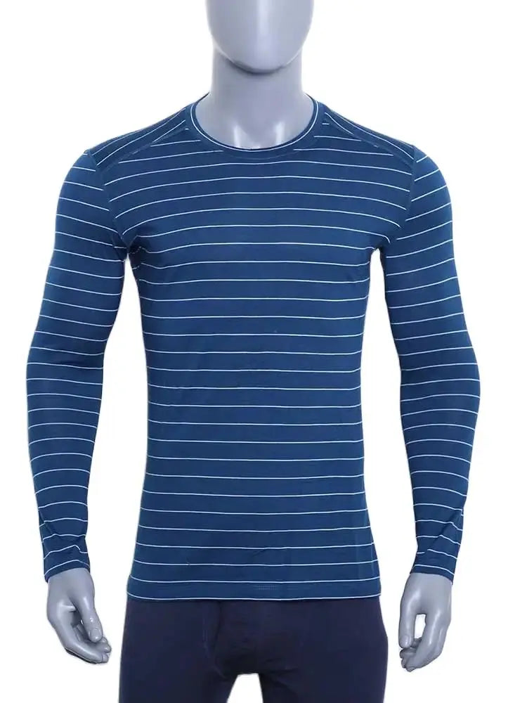 100% Merino Wool Base Layer Shirts Mens Merino O Neck Striped Long Sleeve Thermal Underwear Lightweight Breathable Sports Shirt
