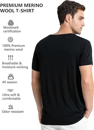100% Merino Wool T Shirt for Men Short Sleeve Tee 170GSM Men Wool Base Layer Quick Dry Anti-Odor for Travel Hiking USA Size