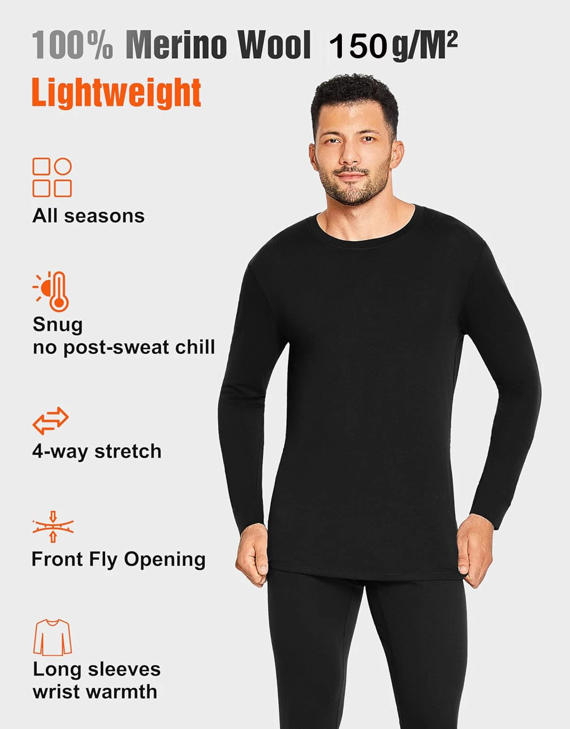 Men's 100% Merino Wool Base Layer Set Lightweight Thermal Underwear Long John Top and Bottom Comfortable Openwork Jacquard