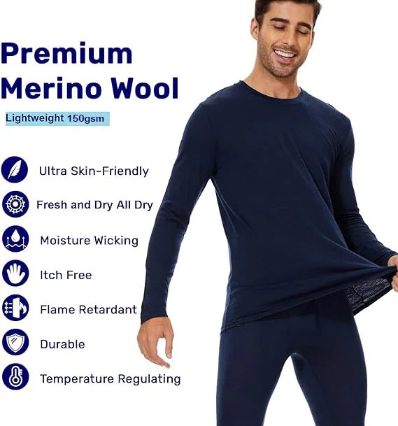 100% Merino Wool Base Layer Set for Men Lightweight Merino Wool Thermal Underwear Sets Long Sleeve Top Bottom Breathable 150G