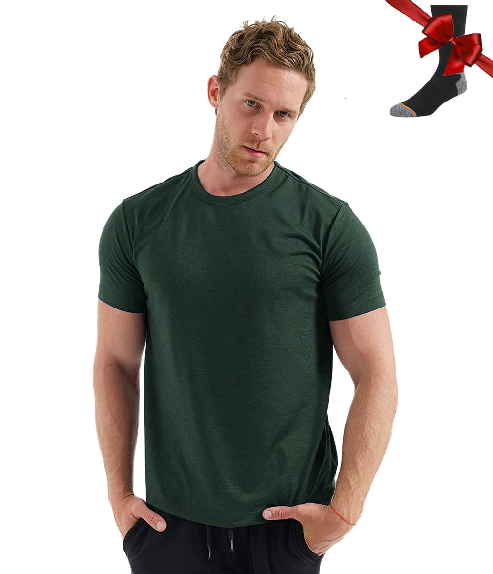 100% Merino Wool T Shirt Men Base Layer Merino Tshirt 180G Everyday Undershirt Wicking Breathable Anti-Odor + Hiking Blend Socks