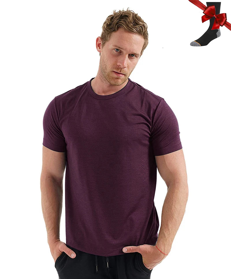100% Merino Wool T Shirt Men Base Layer Merino Tshirt 180G Everyday Undershirt Wicking Breathable Anti-Odor + Hiking Blend Socks
