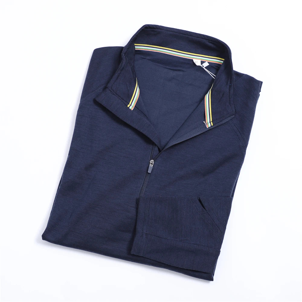 Men Merino Wool Base Layer Shirt 1/2 Zip Thermal Underwear Long Sleeve T Shirts 210G Hiking Breathable Wicking Moisture