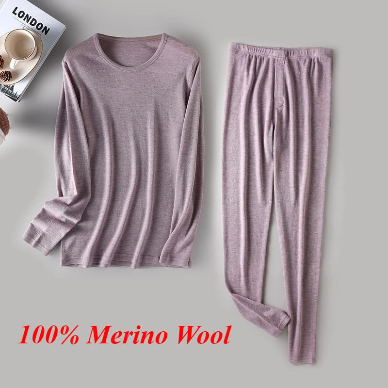 Men's 100% Merino Wool Base Layer Set Lightweight Thermal Underwear Long John Top and Bottom Comfortable Openwork Jacquard