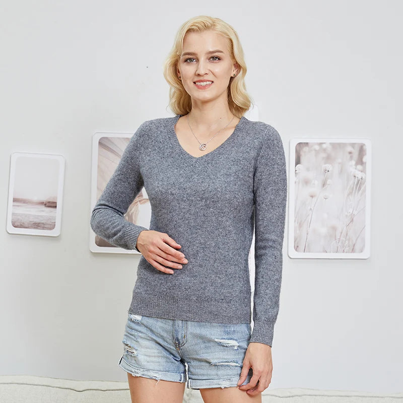 Women 100% Merino Wool V Neck Sweater Pullover Top Lightweight Warm Knitted Pullover Femme Cashmere Sweater Vintage Sweater
