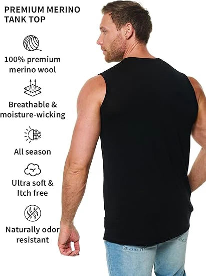 100% Merino Wool Tank Top Men Active Merino Wool Sleeveless Shirt Moisture Wicking Breathable Anti-Odor Lightweight Gym Running