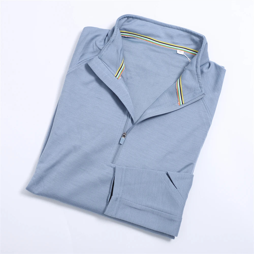 Men Merino Wool Base Layer Shirt 1/2 Zip Thermal Underwear Long Sleeve T Shirts 210G Hiking Breathable Wicking Moisture