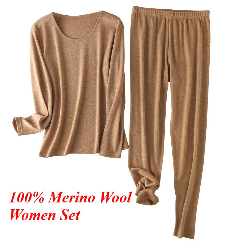 100% Merino Wool Women Base Layer Set 150G Lightweight Merino Wool Thermal Underwear Top and Bottom Set Soft Breathable